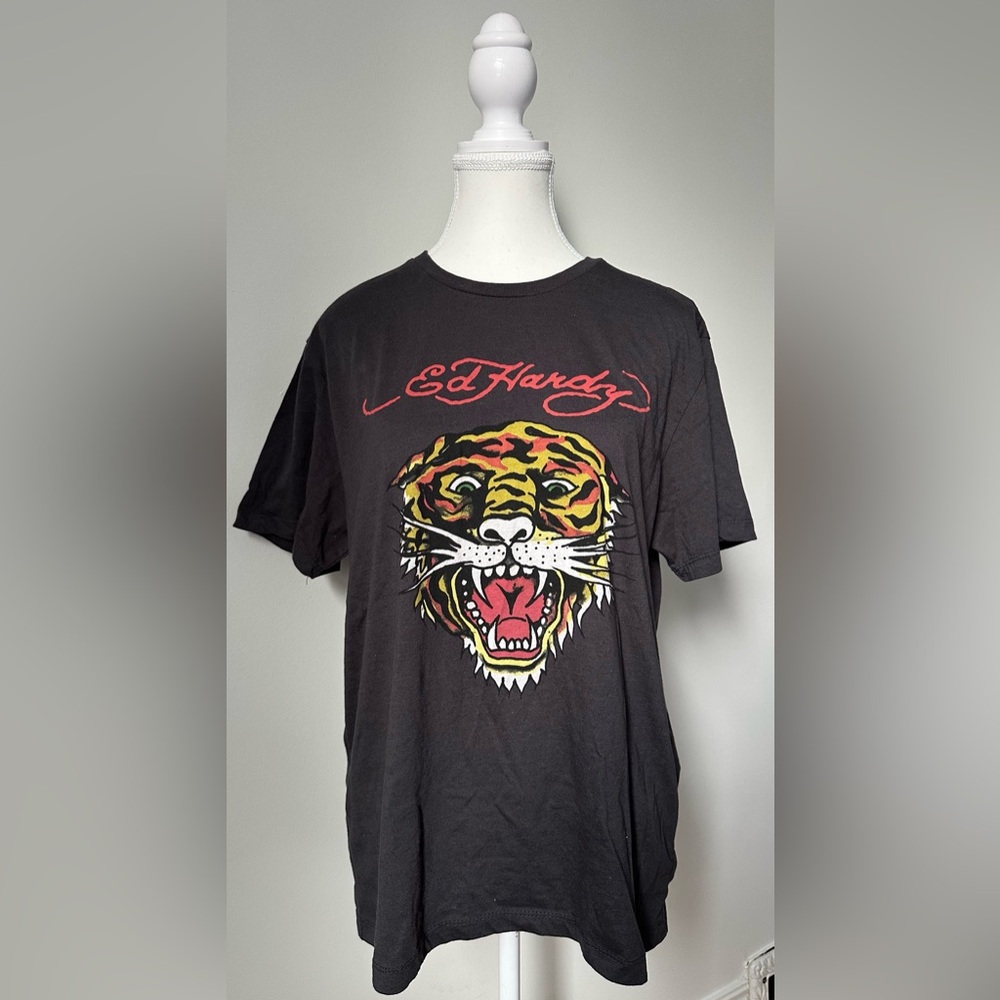 ED HARDY Authentic Retro Biker Tiger Punk Moto Short Sleeve Size Large
